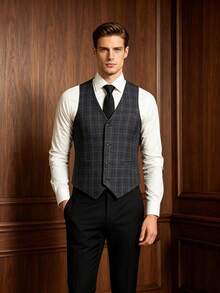 Men's Double Plaid Sleeveless Suit Vest, Formal Single Breasted Waistcoat, Suitable For Occasions - Grey - View 6