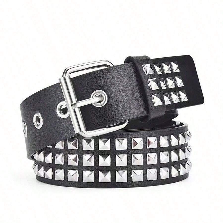 1pc Men's Solid Color Punk Belt With Rhinestone & Sequin Embellishment, Rock Style Fashion Waist Belt For Men And Women - Multicolor - View 1