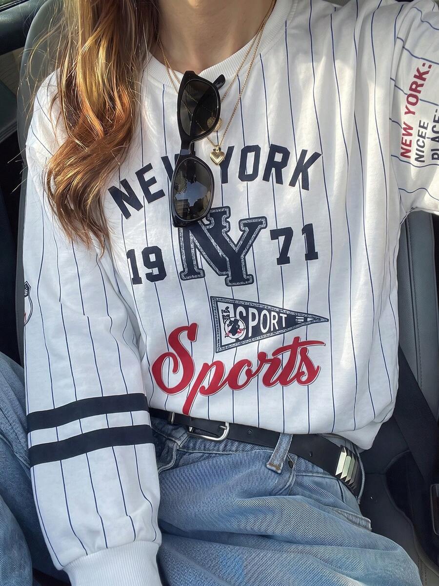 1pc Women's White Striped New York Print Sweatshirt, Street Style Retro Pullover, Suitable For Street Photography, Campus, Commute And Daily Wear - White - View 1
