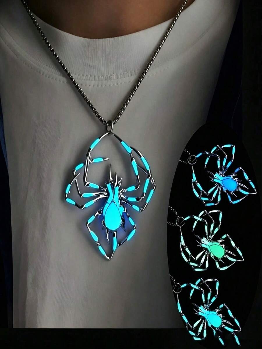 VJS 1pc Glow-In-The-Dark Spider Pendant Necklace, Gothic Punk Style Glowing Animal Design Collarbone Chain, Halloween Dark Aesthetic Jewelry, Unisex - Punk Style Glowing Spider Necklace - View 1