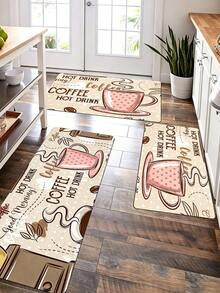 1pc Pink Coffee Cup Pattern Printed Kitchen Mat, Suitable For Home Kitchen, Dining Room, Living Room, Room Decoration - Baby Pink - View 5