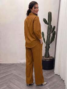 Women's Spring/Autumn Solid Color Casual Pocket Front Button 2-Piece Set, Elegant Outfit For Daily, Commuting, Office And Dating - Orange - View 3