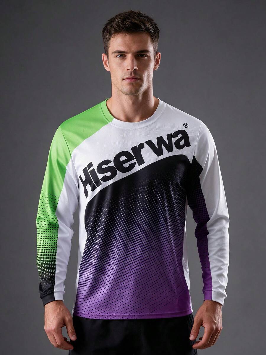 HISERWA Men's Motorcycle Riding Gear: Gradient Polka Dot Colorblock Long Sleeve T-Shirt, Quick-Dry Sporty Style - Black - View 1