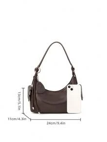 Women Vintage Crescent Hobo Shoulder Bag, Side Pockets Metal Chain Charm Pendant Solid Brown Retro Daily Underarm Purse - Multi-color - View 6