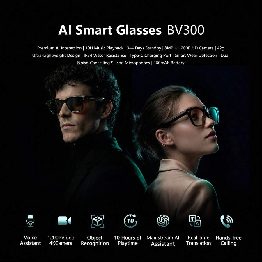 BLACKVIEW BV300 AI 智慧眼鏡,配備 8MP 鏡頭,1200p 30fps 高畫質影片與照片拍攝,藍牙通話、AI 語音助手、即時翻譯、物體識別、通話與音樂播放降噪 - 查看 1