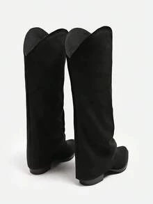 Elegant Pointed Toe Chunky Heel Matte Leather Side Zipper V-Cut Slimming Versatile Women's Tall Boots - Black - View 5