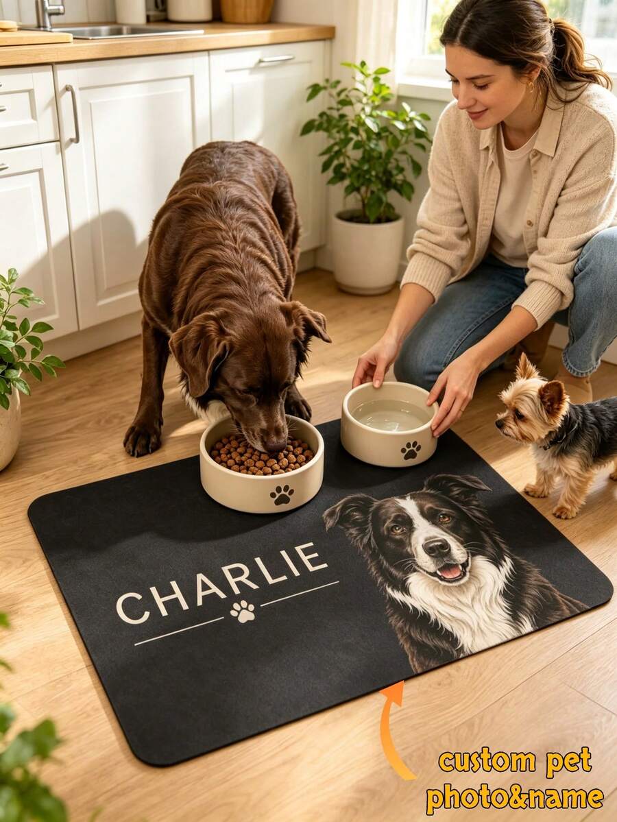1PC Personalized Dog Food Mat, Custom Pet Name&Photo Feeding Mat, Dog Bowl Mat, Minimalist Pet Placemat, Custom Dog & Cat Feeding Mat, Pet Bowl Floor Mat, Kitchen Home Decor, Gift For Dog Lovers - Multicolor - View 1