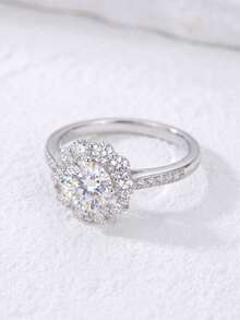 1pc Moissanite Ring Romantic 1CT Round Sunflower Halo Ring Perfect For Women's Parties And Daily Wear - Round Moissanite Ring-1ct - View 2