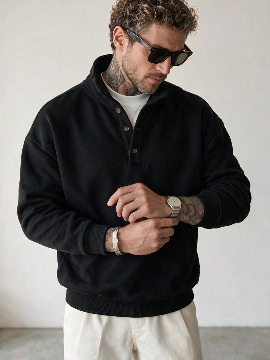 Men's Solid Color Stand Collar Half Button Polo Sweatshirt Black Henley Neck Stand Collar Autumn/Winter Casual Long Sleeve Pullover Top - Black - View 1