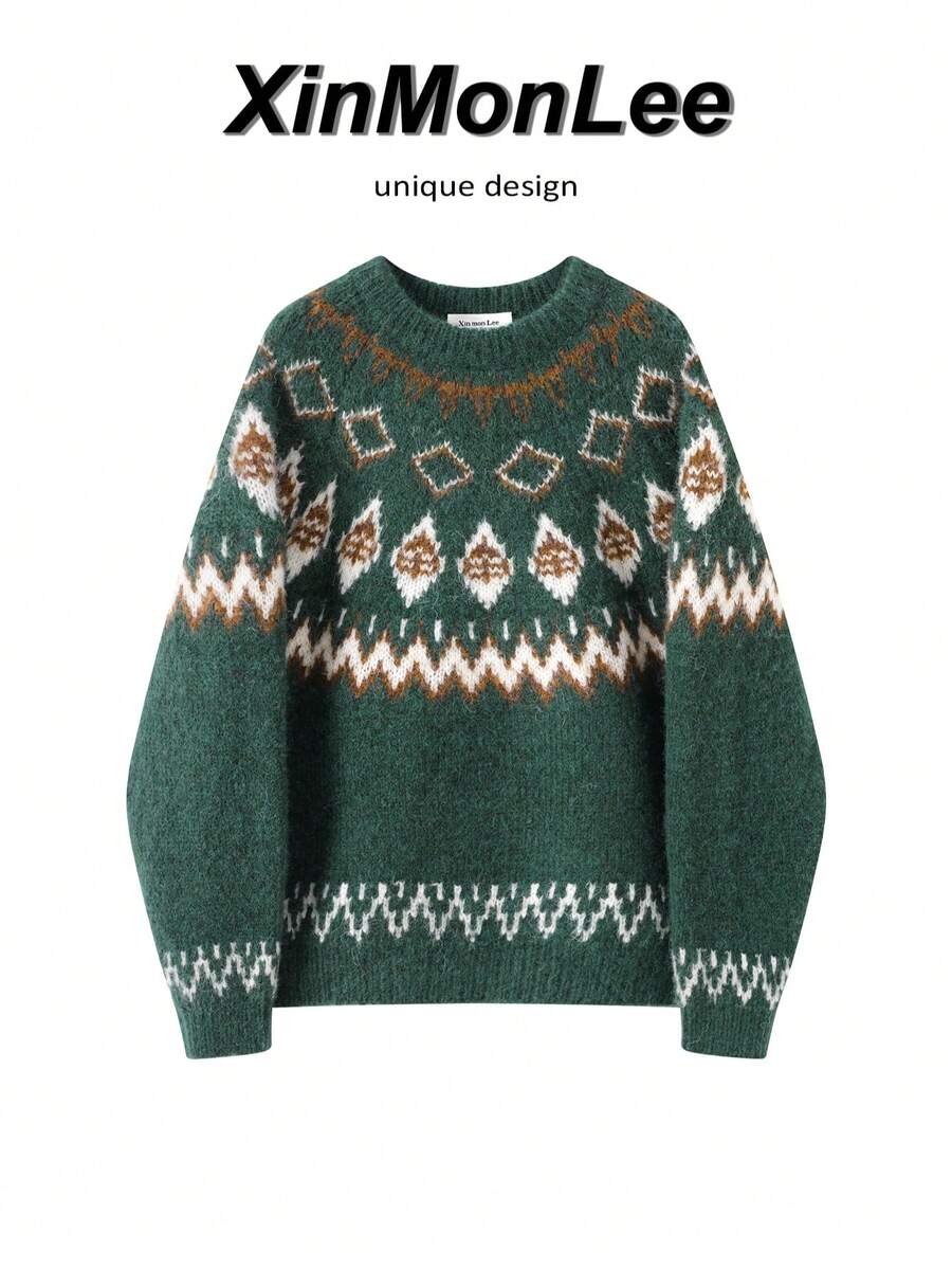 Women's Diamond Grid Casual Daily Long Sleeve Sweater - Green - View 1