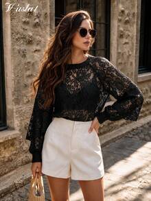 Vuslat Women's Autumn French Style Black Floral Hollow Lace Top, Suitable For Daily Wear, Halloween, Back To School, Party, Music Festival - Black - View 3