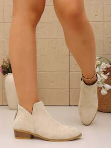 Vintage V-Cut Faux Suede Ankle Boots For Women, Back Zipper Chunky Heel Chelsea Ankle Boots, Minimalist Western Style Commuter Versatile Fashion Boots - Beige - View 6
