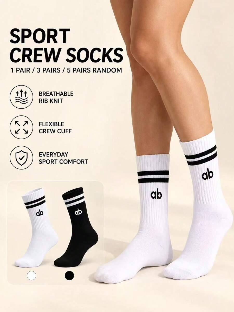1/3/5 Pairs Random Styles Women's Varsity Stripe Crew Socks, Breathable Ribbed Athletic Mid-Calf Socks For Workout, Walking & Daily Wear - Black and White - View 1