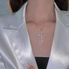 1pc Full Rhinestone Star Cross Necklace, Simple Fashion Casual Daily Wear - Silver - View 3
