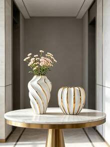 White Gold Fluted Rim Ceramic Flower Vase, 1 Piece Luxury Tabletop Ornament - 1PC - View 9