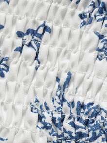 DONICY 女款白色與藍色 Toile De Jouy 印花細肩帶中長洋裝，方領、胸前抓褶、收腰，休閒度假風 - 彩色 - 查看 6