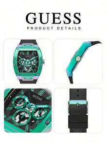 Guess Men's Iridescent Barrel-Shaped Multi-Function Quartz Watch, Screw-Decorated Case, Black Dial, Matte Black Faux Leather Strap, Fashionable Style - Blue - View 6