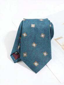 Lake Green & Gold Square Geometric Jacquard Men's Tie, Vintage Textured Business Formal Necktie - Lake Green - View 3