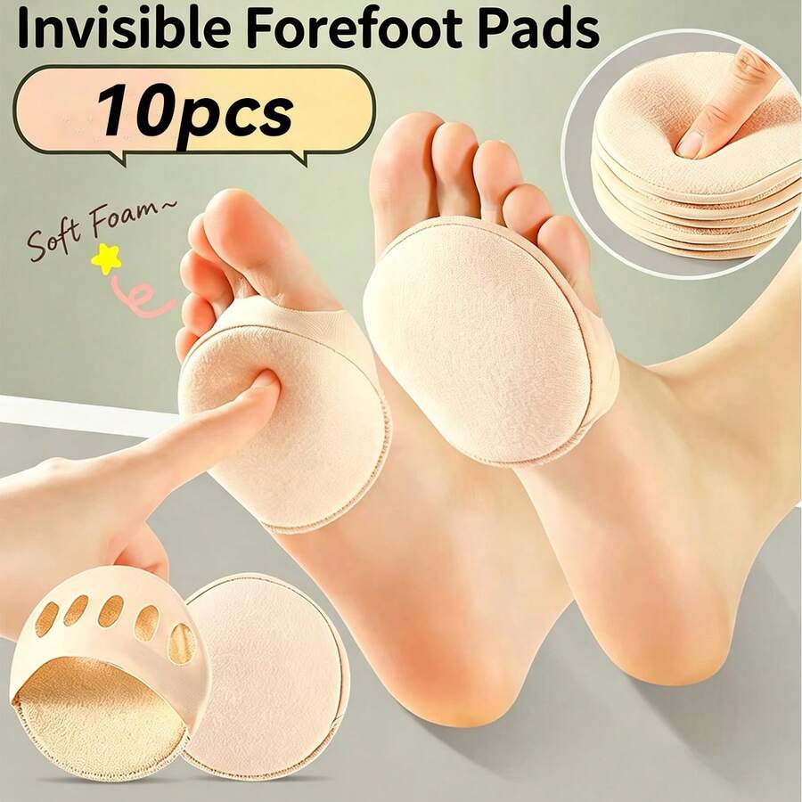 10pcs Invisible Comfortable Socks With Breathable Soft Forefoot Pads, Non-Slip Midfoot Arch Support, Toe Separator Forefoot Pads For Women's High Heels And Shoes - Beige - View 1