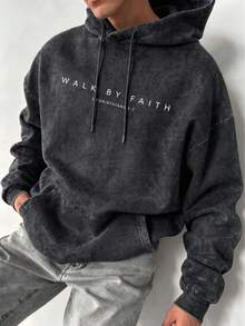 Men's Letter Print Washed Hoodie, Casual Loose Fit Pullover Sweatshirt - Black - View 2