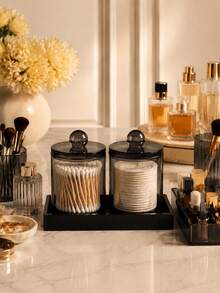 1 Pack / 2 Packs Bathroom Vanity Organizer Set With Black Silicone Tray, Lidded Storage Jars For Cotton Balls, Cotton Swabs, Qtip And Beauty Essentials - Multicolor - View 1