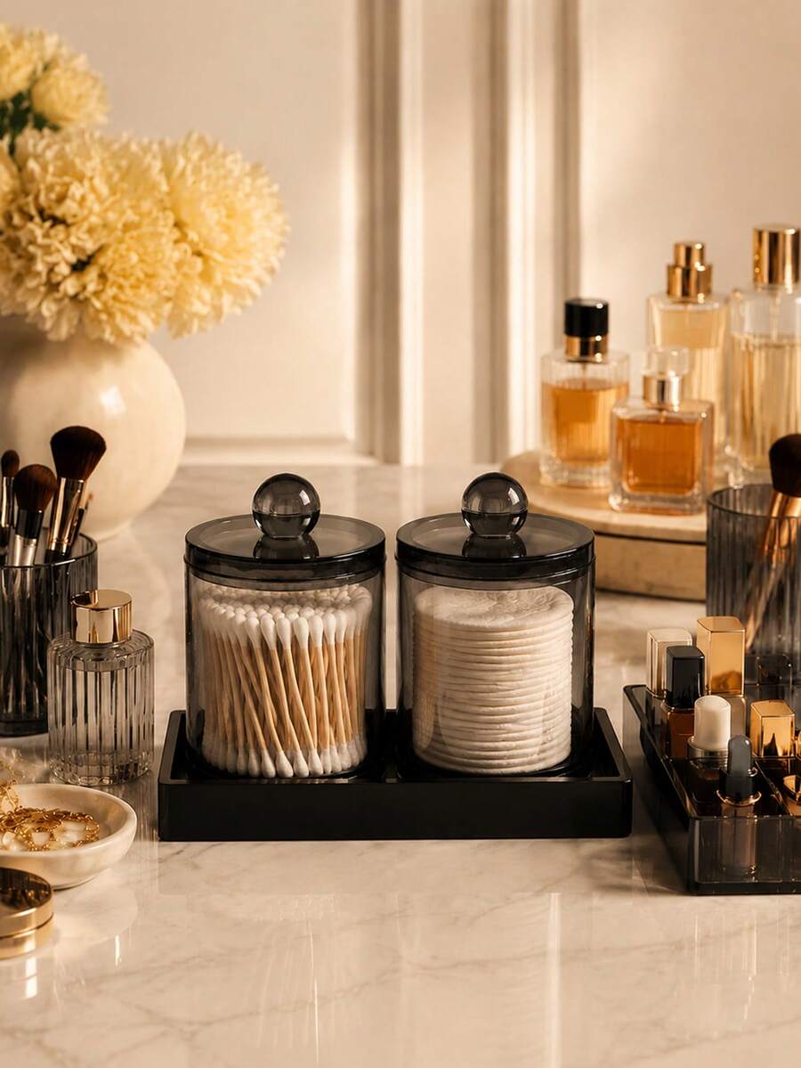 1 Pack / 2 Packs Bathroom Vanity Organizer Set With Black Silicone Tray, Lidded Storage Jars For Cotton Balls, Cotton Swabs, Qtip And Beauty Essentials - Multicolor - View 1