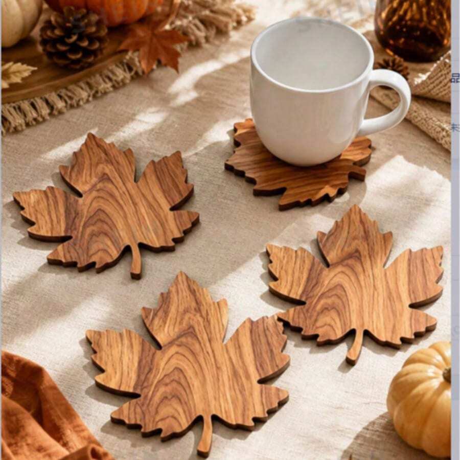 6/2 Pcs Thanksgiving Maple Coaster Set, Autumn Table Decor, Natural Wood Coffee Coasters, Rustic Farmhouse Kitchen And Dining Table Decor, Holiday Home Decor Accessorie - Multicolor - View 1