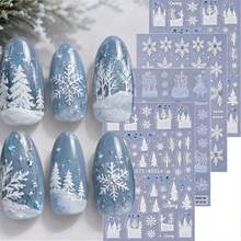 3 Sheets 5D Embossed Winter Snowflake Nail Stickers - 3D Blue Snowy Forest, Christmas Tree & Rhinestone Decals For DIY Holiday Manicure, Elegant Seasonal Nail Art Decor & Gift For Women Girls - White - View 4