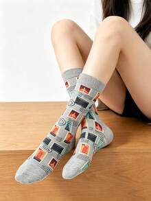 1 Pair Gray Postage Stamp Pattern Mid-Calf Women's Socks, Vintage Postmark Style Socks, Elastic Ribbed Cuff Breathable Socks For Daily Wear - Multicolor - View 8