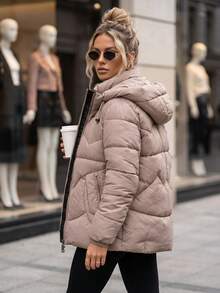 Women's Quilted Hooded Jacket With Zip Pockets, Ribbed Cuffs And Regular Fit - Khaki - View 4