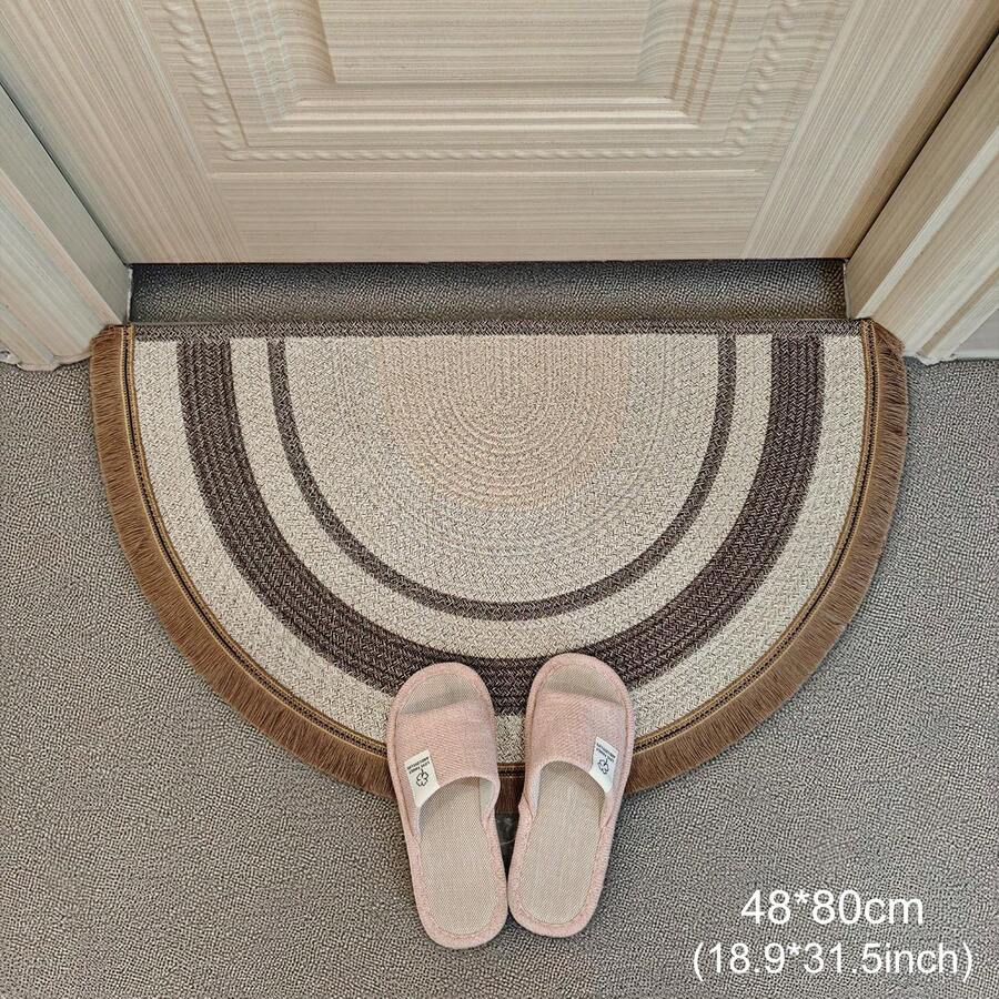 Brown Color Block Semi Circle Door Mat With Tassels, Linen Soft Non Slip Washable Foldable Bathroom Entrance Balcony Rug, Fall Winter Home Decor, Pet Friendly, 80cm 90cm