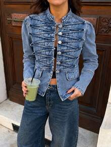 Women's Vintage Washed Denim Shacket, Button Front, Faux Pockets, Stand Collar Long Sleeve Regular Length Jacket, Fashion Casual Outerwear - Blue - View 2