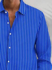 Kemeja Lengan Panjang Pria Ukuran Besar Ringan dengan Motif Garis-Garis Vintage, Kasual, dan Cetak Digital 3D untuk Perjalanan, Cocok untuk Komuter. - Biru - View 5