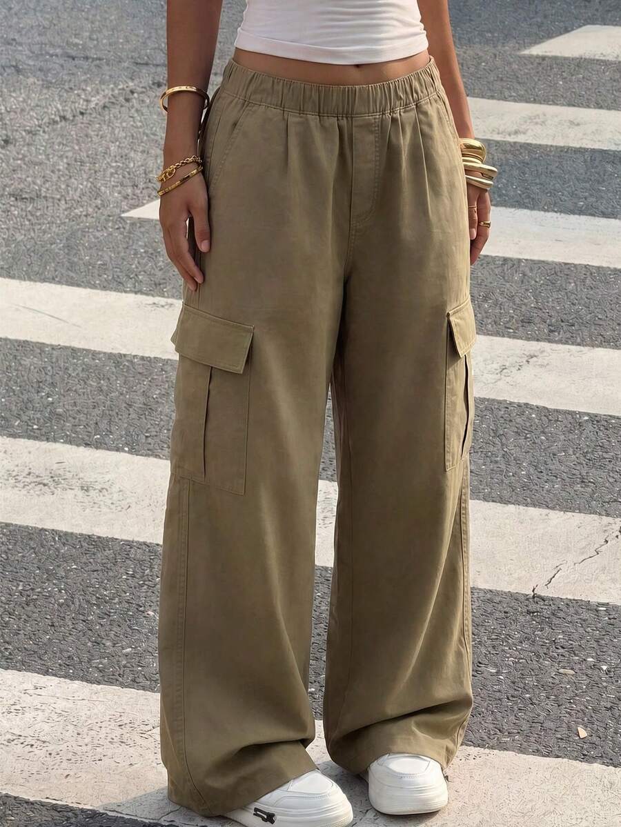 1 pieza Pantalones cargo de ajuste holgado de unicolor y de moda para niñas preadolescentes, cómodos para primavera y otoño con múltiples bolsillos - Camel - Ver 1
