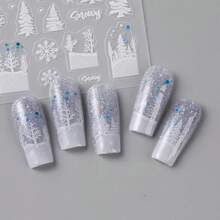 3 Sheets 5D Embossed Winter Snowflake Nail Stickers - 3D Blue Snowy Forest, Christmas Tree & Rhinestone Decals For DIY Holiday Manicure, Elegant Seasonal Nail Art Decor & Gift For Women Girls - White - View 11