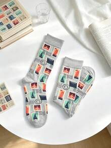 1 Pair Gray Postage Stamp Pattern Mid-Calf Women's Socks, Vintage Postmark Style Socks, Elastic Ribbed Cuff Breathable Socks For Daily Wear - Multicolor - View 2