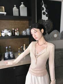 Women's Linen Lace 2 In 1 V-Neck Knit T-Shirt, Minimalist Sexy Slimming Long Sleeve Base Layer Top For Autumn - Apricot - View 3
