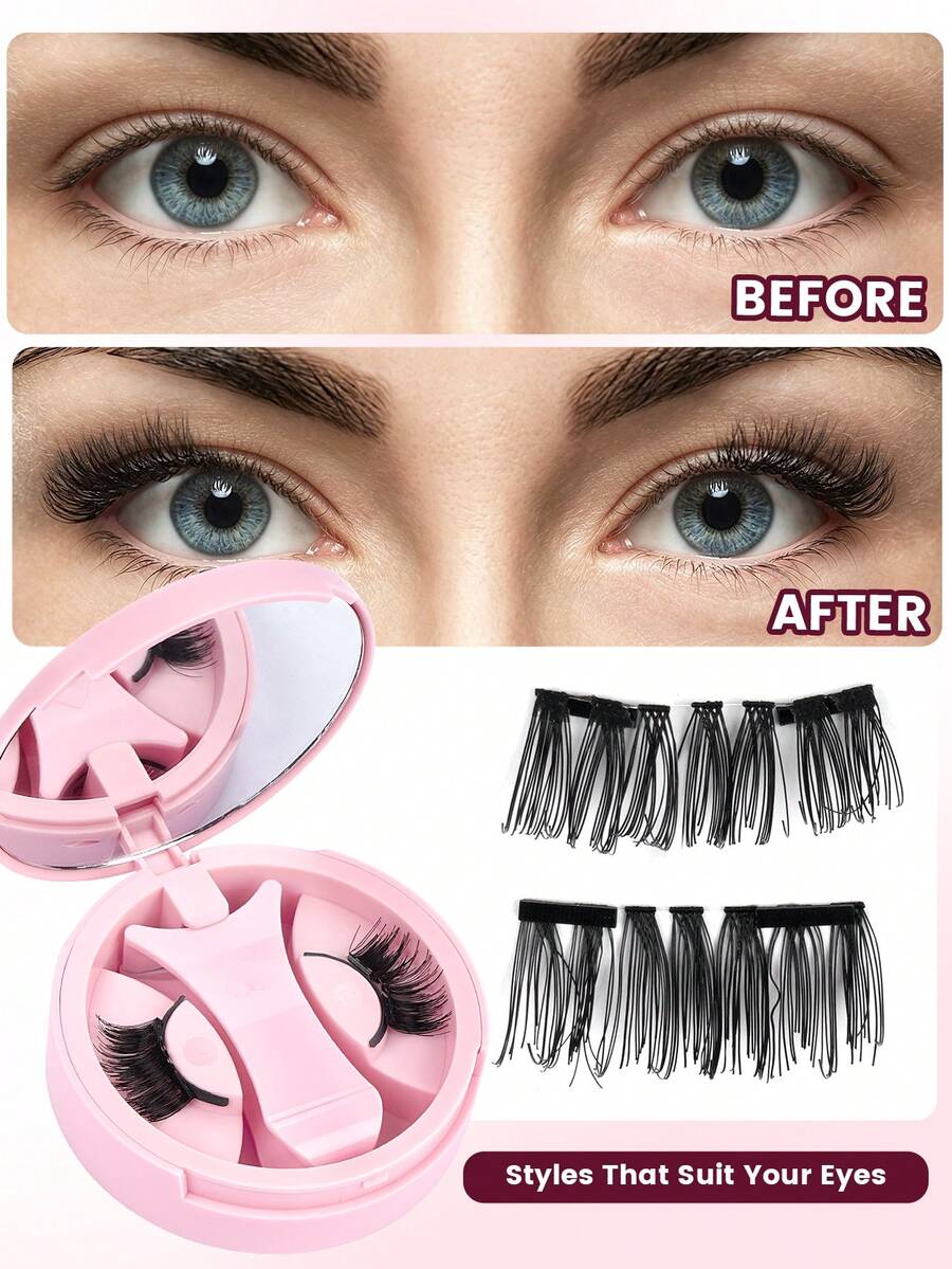 MAANGE 1 Pair Magnetic Eyelashes - Comes With Applicator, Half Eye Lashes, Short Cat Eye Lashes, Transparent Band, Natural & Voluminous, Portable, No Glue Needed, Reusable, Pink Packaging, Includes Mirror, Beauty Blogger, Makeup Tool, Beginner Essential, Holiday Gift, False Eyelashes, Eyelashes