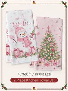 2pcs Christmas Pink Christmas Tree & Snowman Pattern Kitchen Towels, Soft Polyester Dish Cloths, Suitable For Kitchen Decor, Kitchen Cleaning, Holiday Party Decoration, Kitchen & Bathroom Supplies, Home Essentials, Home Decor, Housewarming Gift - Multicolor - View 8