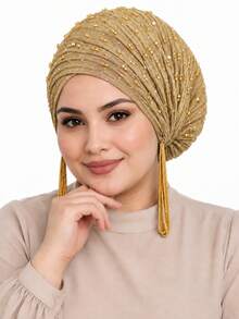 CONFLASS Hijab Berlipit dengan Hiasan Manik-Manik Rhinestone Berkilau, Desain Tali Serut dan Rumbai yang Dapat Diatur, Aksesori Harian Elegan untuk Wanita - MultiWarna - View 5