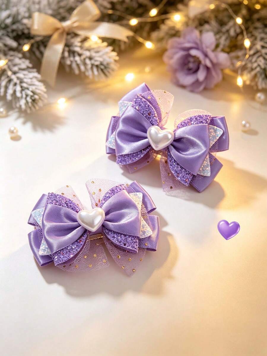 2pcs Purple Heart-Shaped Ribbon Bow Hair Clips, Purple Mesh Bow Alligator Clips With Shiny Glitter, Suitable For Daily Wear And Children's Hair Accessories - Purple - View 1
