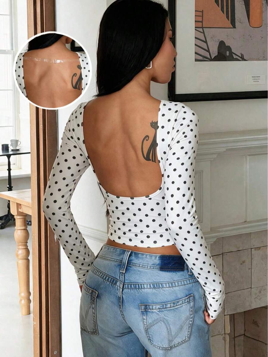 Women's Daily Fashion Versatile Design Backless Sexy Elegant Polka Dot Print Long Sleeve Top - White - View 1