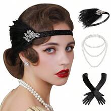 3件組 1920年代 Flapper 女性飾品套裝，20年代復古珍珠項鍊、手套、水鑽派對飾品，適合女性萬聖節 - A - 查看 1