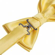 5Pcs Men Simple Solid Yellow Bow Tie Pocket Square Cufflinks Ring Boutonniere Set, Cufflinks Pattern Random For Wedding Business Party - Yellow - View 3