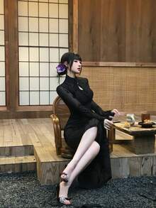 秋服 ワンピース チャイナドレス スタンドカラー キーホールネック チャイナボタン フロッキー フレアカフス 長袖 タイト マーメイド マキシ丈 チャイナ きれいめ 脚長効果 ウエストマーク デート パーティー デイリー - ブラック - チェックする 3