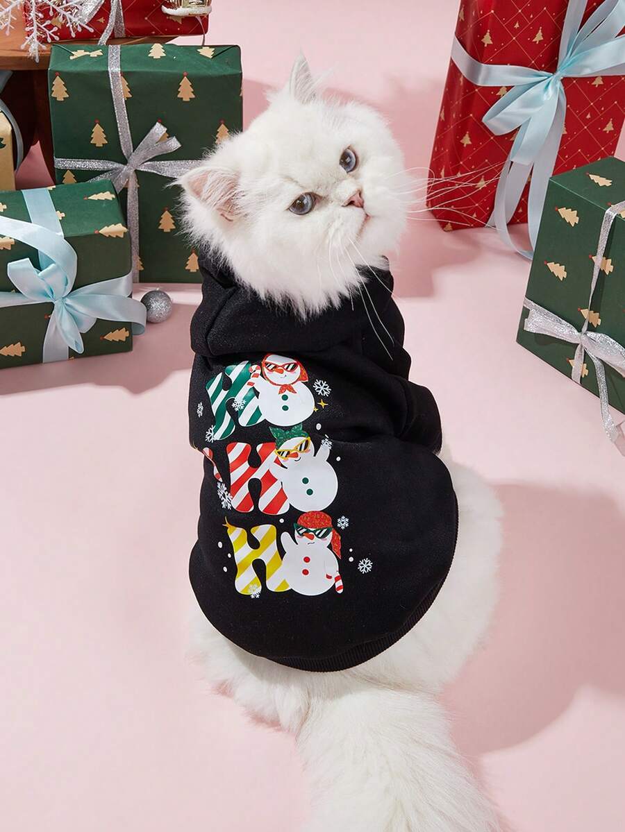 LUCKIE PAW 1pc Christmas Hooded Sweatshirt Dog Clothes With Fashion Glasses Snowman Print, Anti-Flea Physical Protection, Reduces Shedding, Warm & Breathable, Suitable For Small And Large Dogs And Cats, Indoor And Outdoor Use - Black - View 1