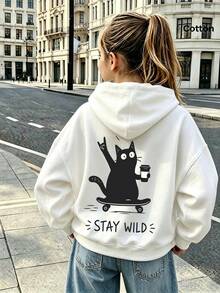 2026 Autumn/Winter Girls' Custom Loose White Hoodie, Black Cat Skateboard Graphic With Letter Print, Fun Cartoon Style - White - View 3