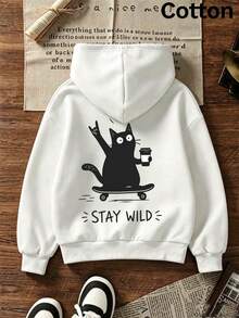 2026 Autumn/Winter Girls' Custom Loose White Hoodie, Black Cat Skateboard Graphic With Letter Print, Fun Cartoon Style - White - View 4