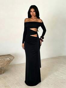 Autumn Black Off-Shoulder Hollow Out Ribbon Long Sleeve Dress Women Elegant Dress - Black - View 4