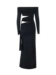 Autumn Black Off-Shoulder Hollow Out Ribbon Long Sleeve Dress Women Elegant Dress - Black - View 5